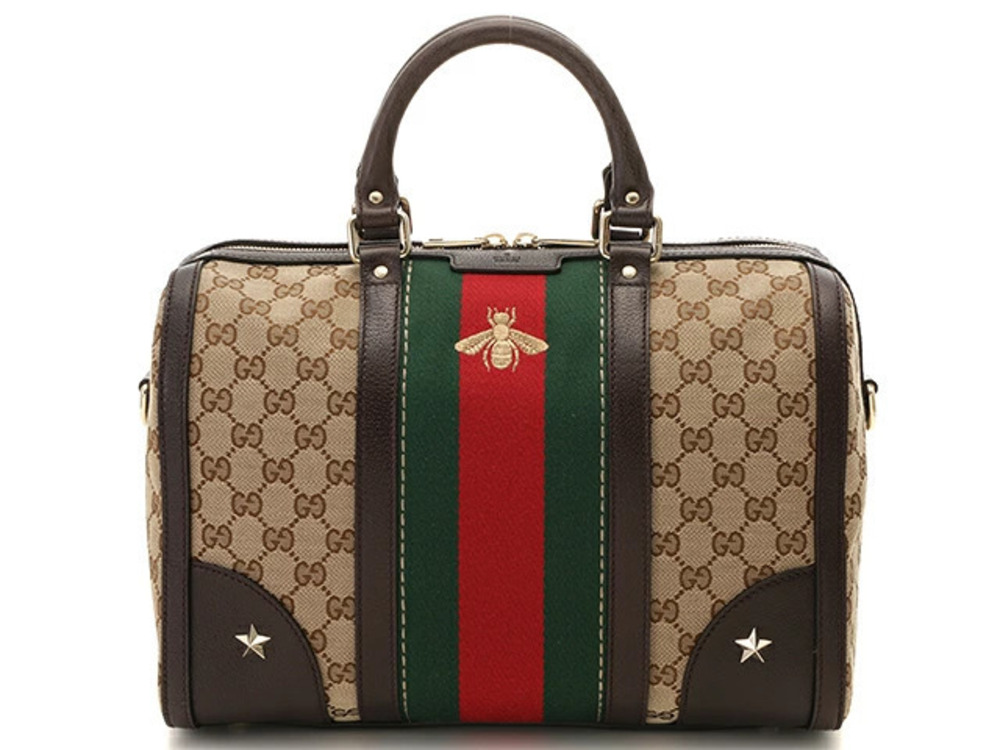 Gucci GG Canvas Webbee Embroidery Boston Bag Brown